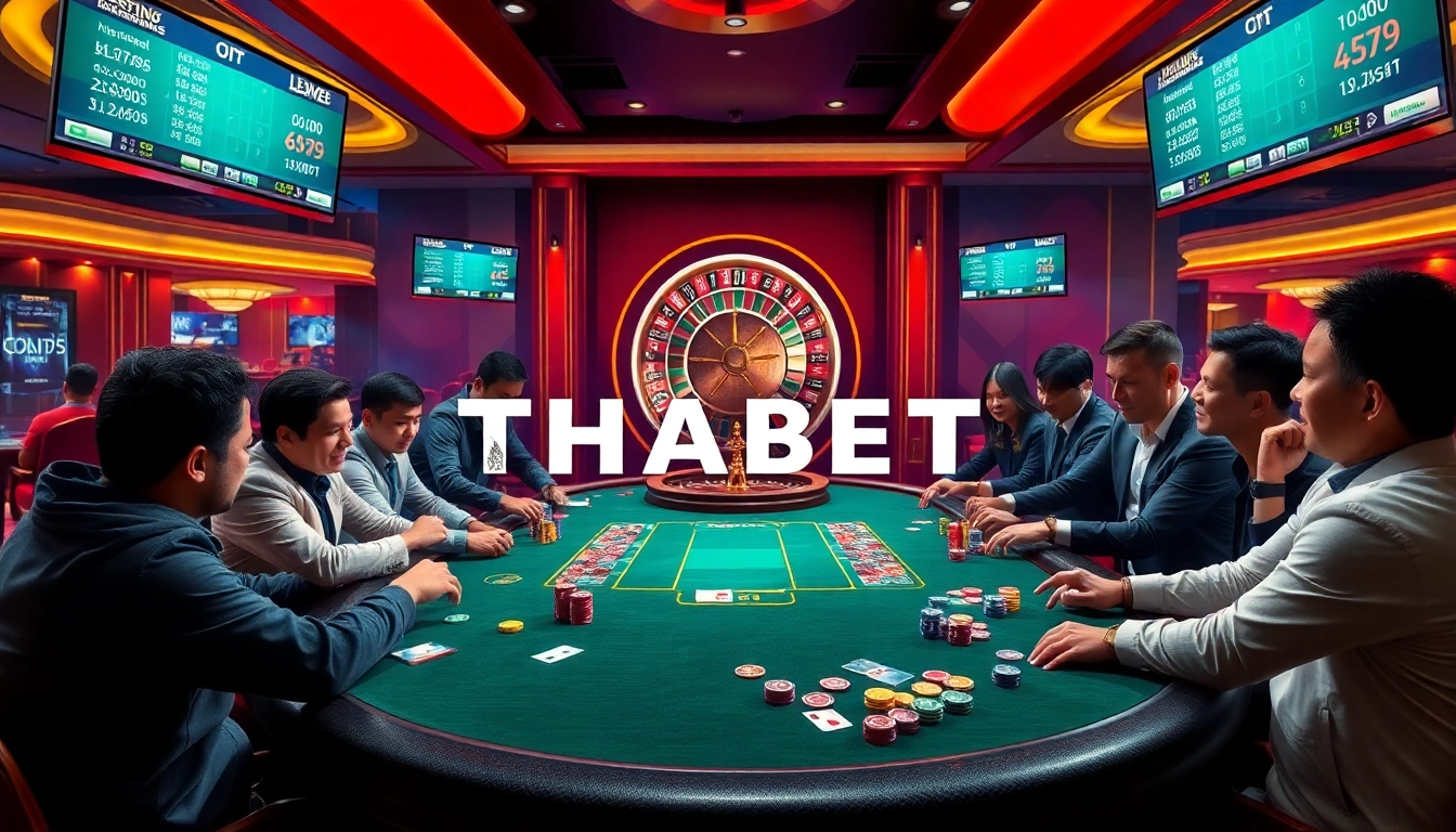 THABET casino scene with poker table, lively players, and roulette wheel radiating excitement.
