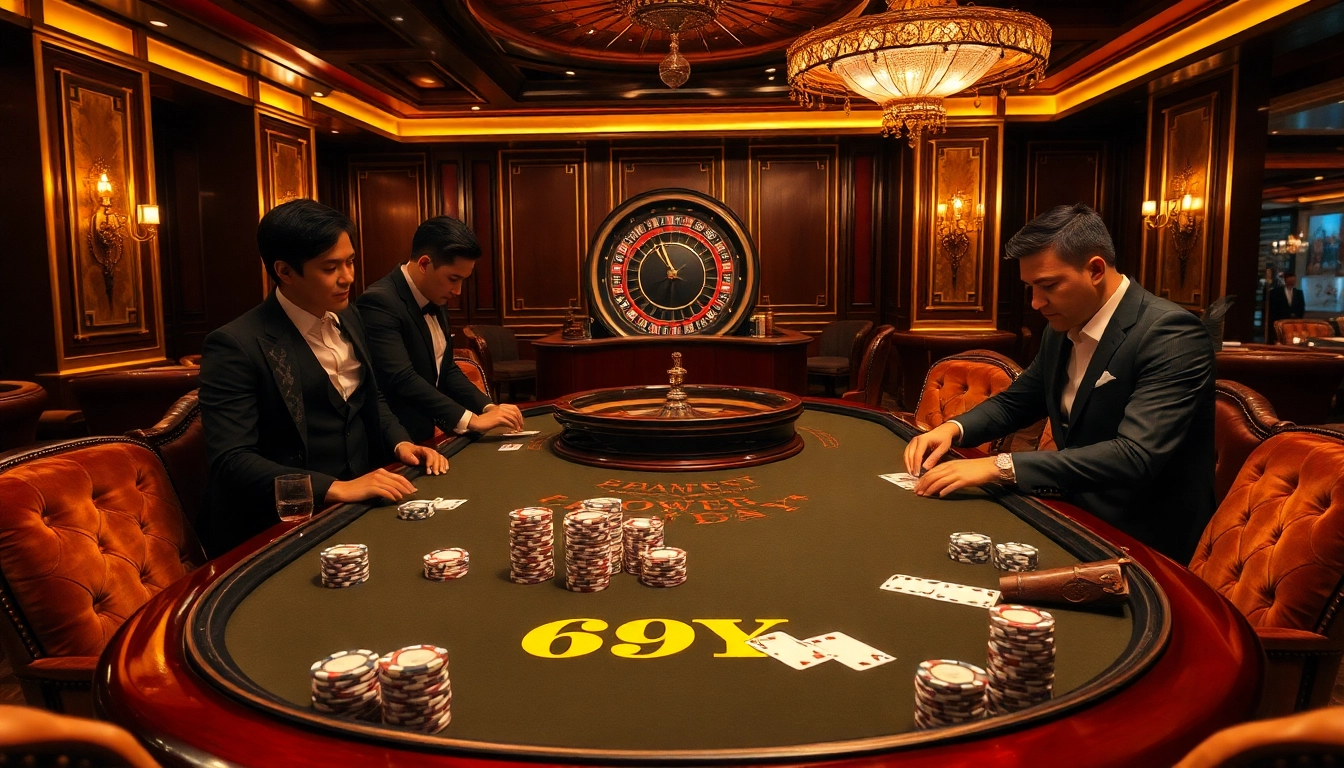 Viva a emoção de jogar 69Y em uma mesa de cassino de alto padrão, cercada por jogadores elegantes.