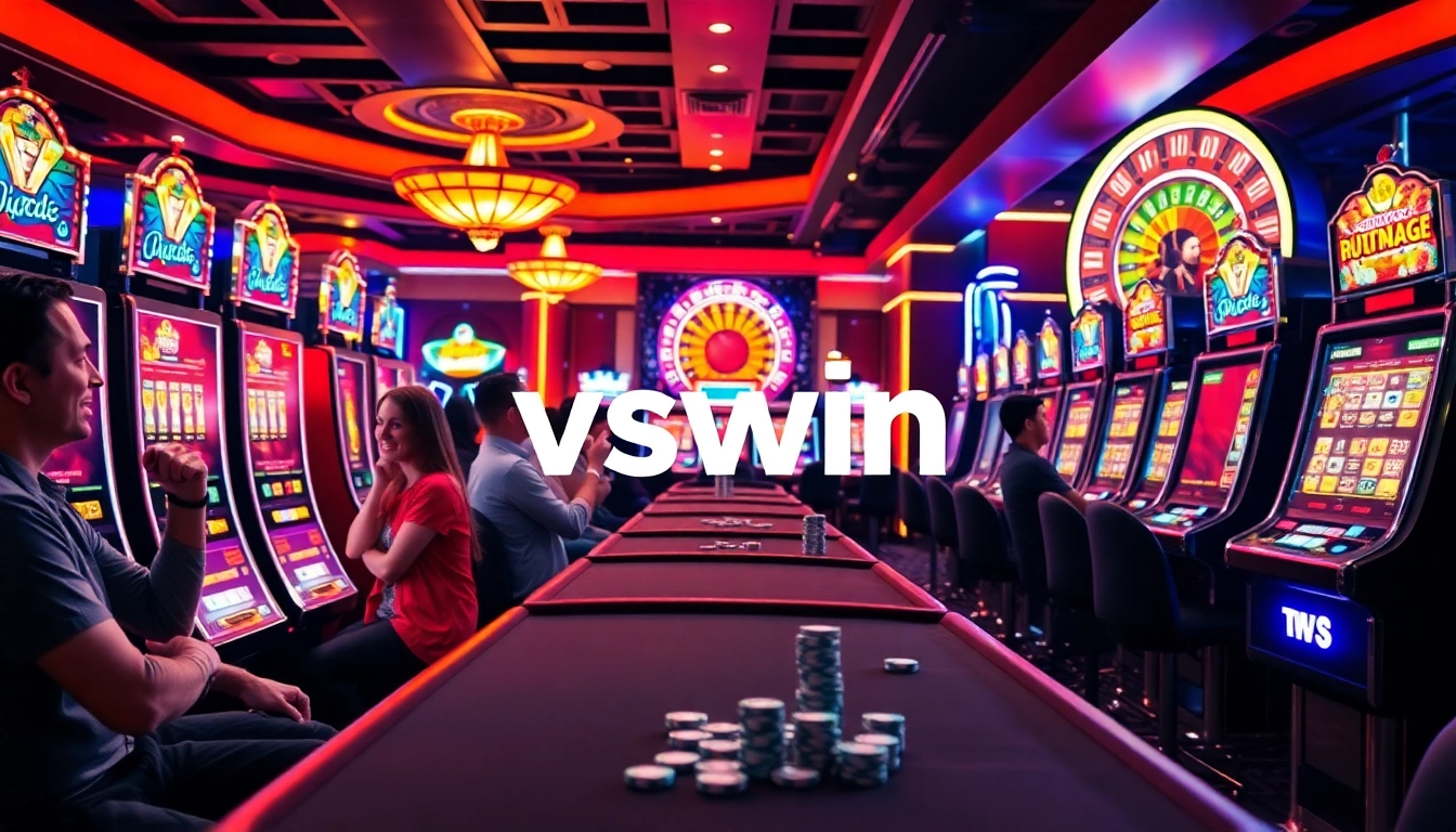 Experience the excitement of gambling at VSWIN's buzzing casino with vibrant slot machines and engaging players.