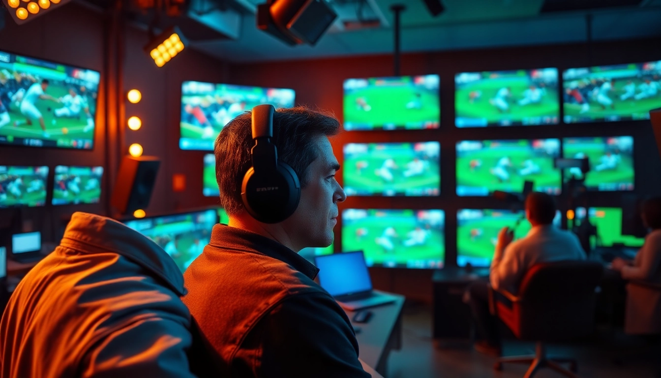 Engaging sports broadcasting scene showcasing a commentator and live event screens.