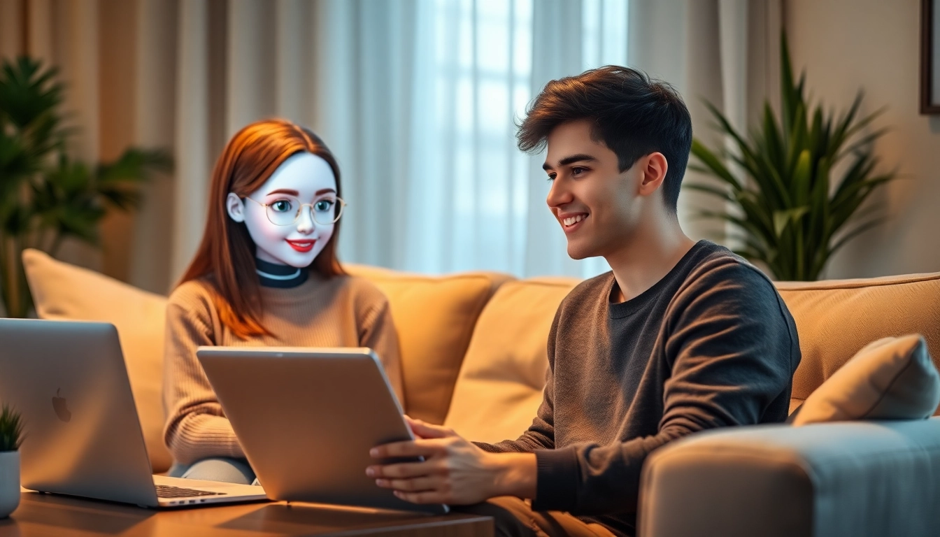 Engaging digital interaction with a girlfriend AI in a cozy living room.