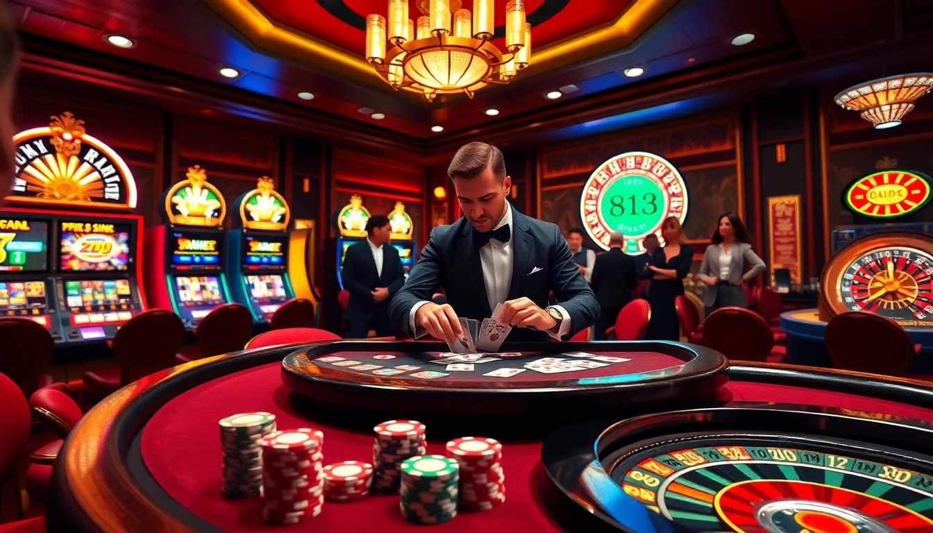Croupier profissional em uma mesa de cassino luxuosa da 813bet, aprimorando a empolgante experiência de jogo.