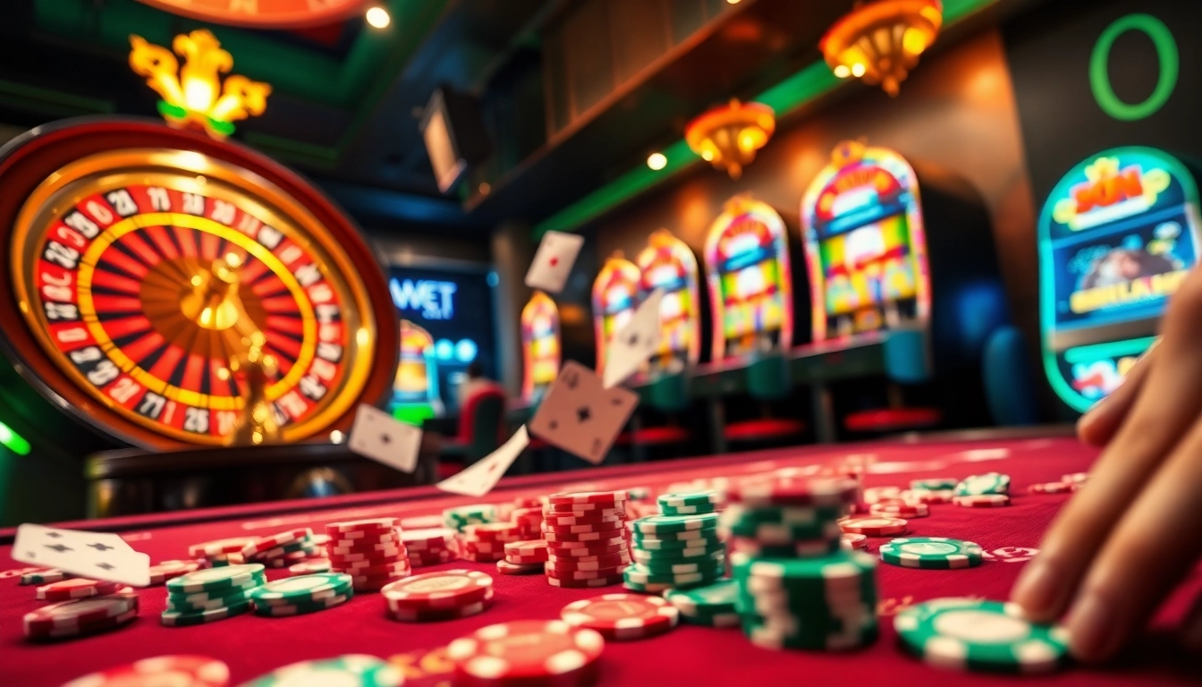 Experience the thrill of gaming at 258bet com with vibrant casino visuals showcasing roulette, slots, and poker chips.