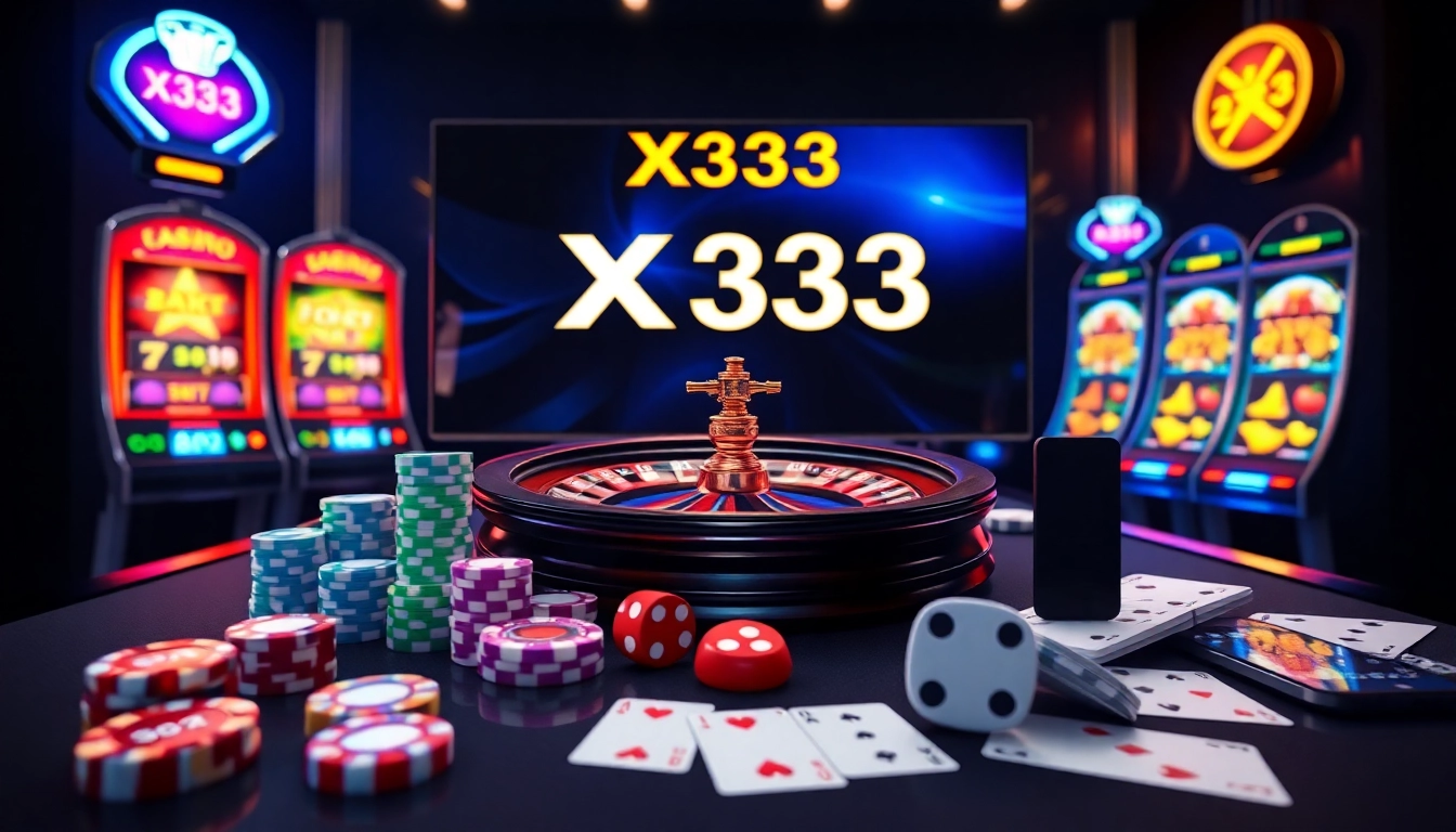 X333 online casino interface showcasing spinning roulette, vibrant poker chips, and digital betting