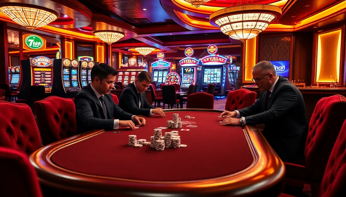 Players enjoying a high-stakes poker game at 7hh's luxurious casino, with glossy chips and cards.
