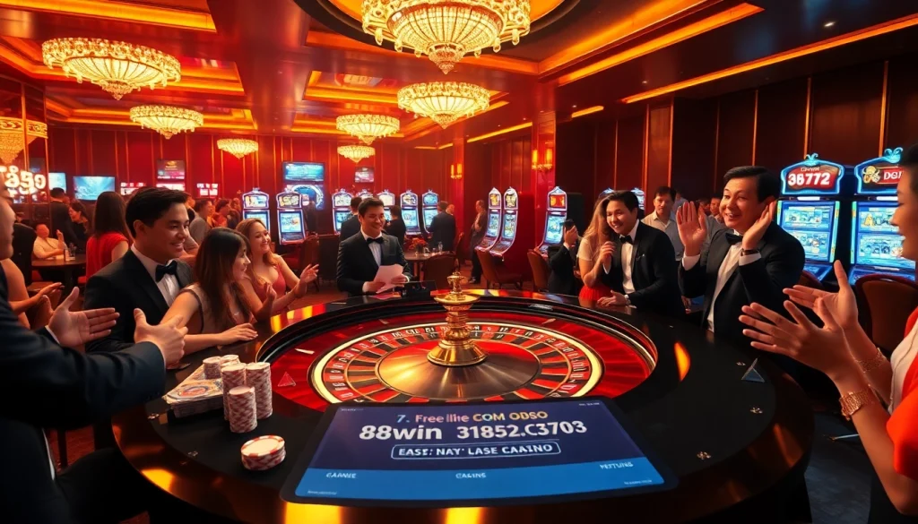 Exciting scene at 78win casino showcasing roulette action with vibrant colors, chips, and cards.