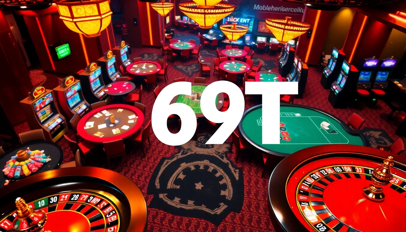Emoção de jogos de azar com mesas de pôquer vibrantes e máquinas caça-níqueis com tema 69T em um cassino luxuoso.