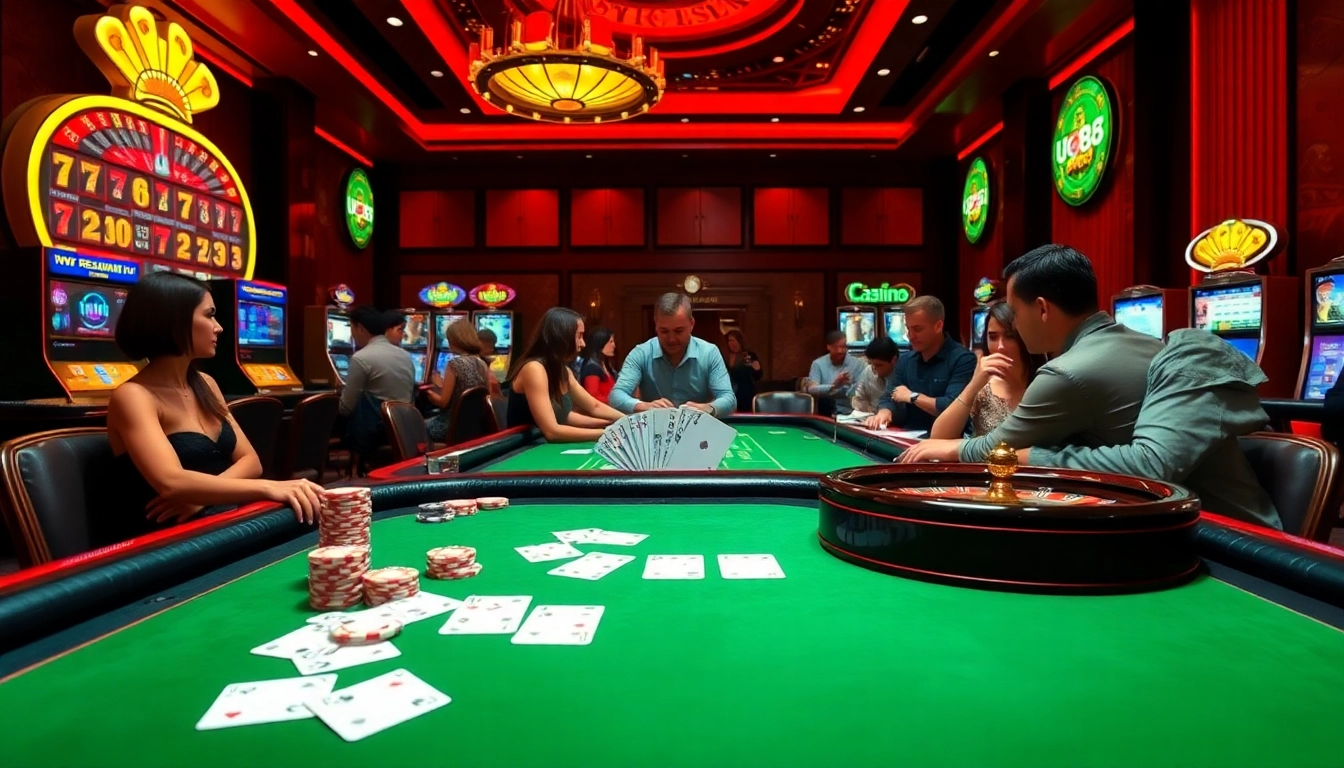 Experience thrilling gameplay at uu88's luxurious online casino featuring vibrant slot machines and poker tables.