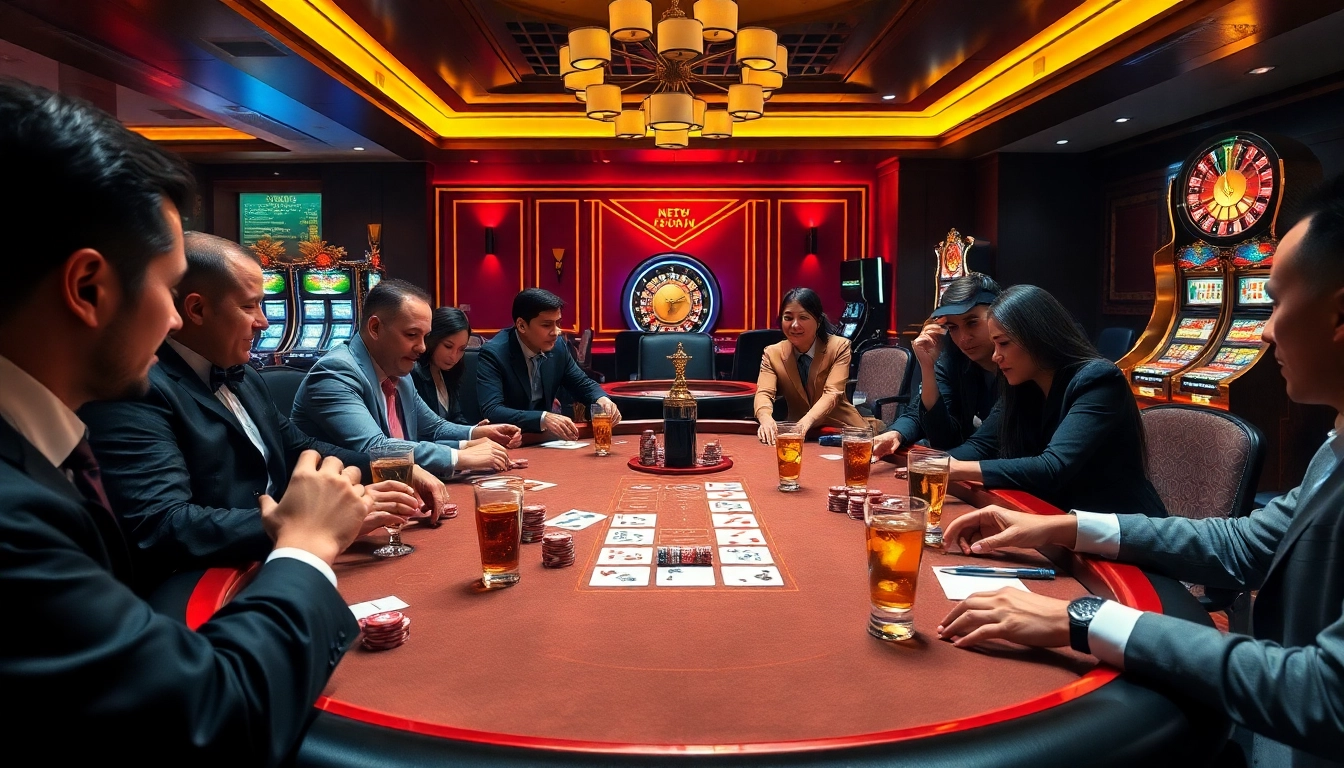 Jogadores participando de uma emocionante partida de pôquer em uma mesa de cassino luxuosa com elementos aa888.