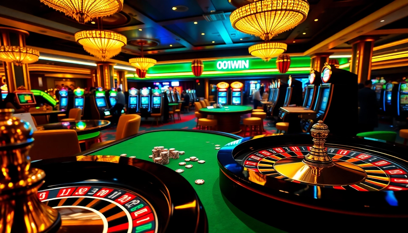 Jogadores aproveitando um jogo emocionante no cassino 001WIN com iluminação vibrante e empolgação