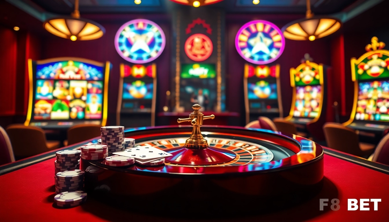 Experience thrilling gameplay at F88BET with an elegant casino setup featuring poker chips, cards, and roulette.