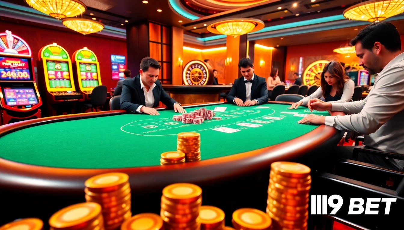 I9 BET gaming scene with players at a luxurious casino table, evoking excitement and professionalism.