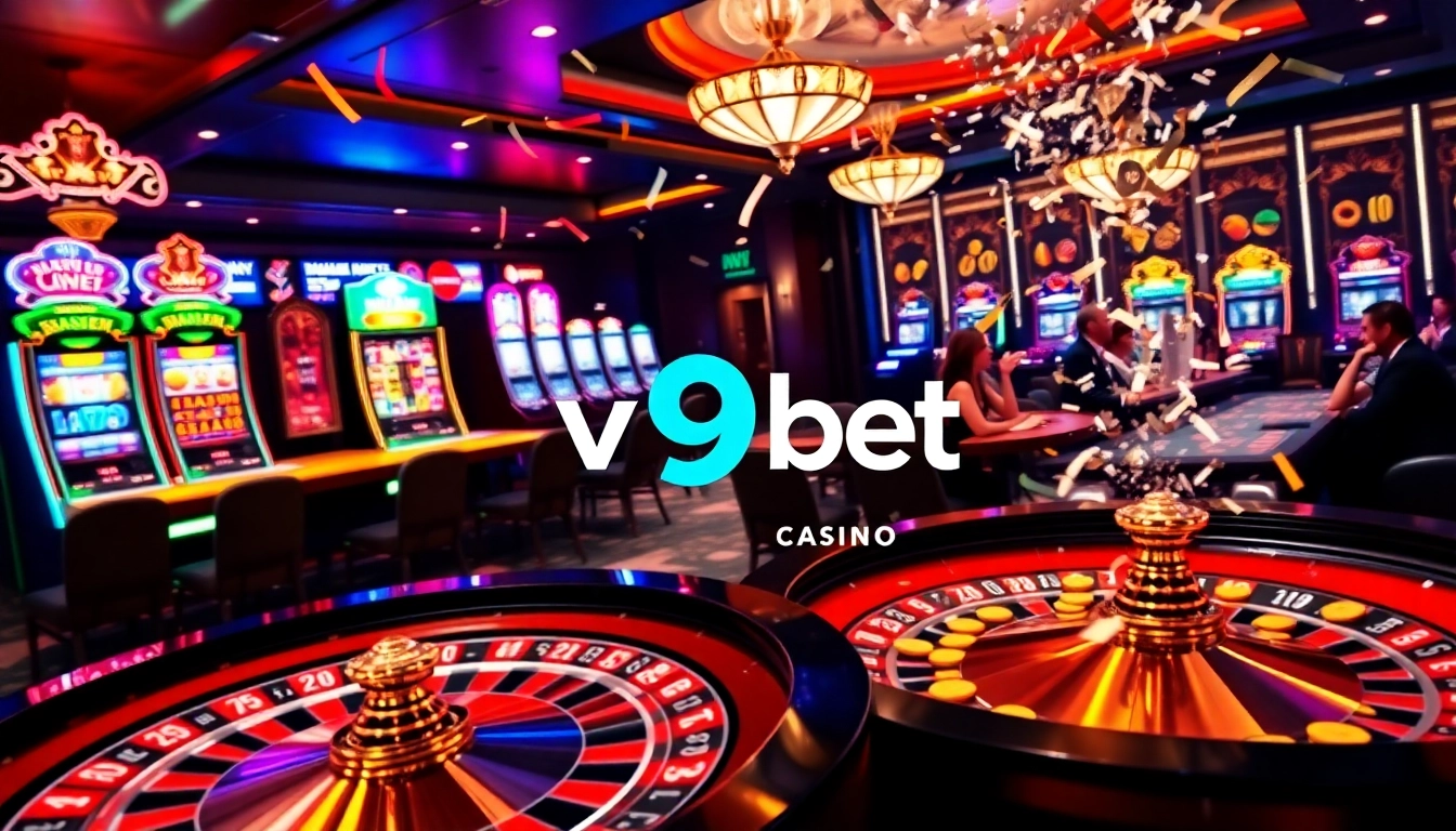 Experience gaming excitement with v9 bet at a luxurious casino featuring vibrant tables and engaging players.
