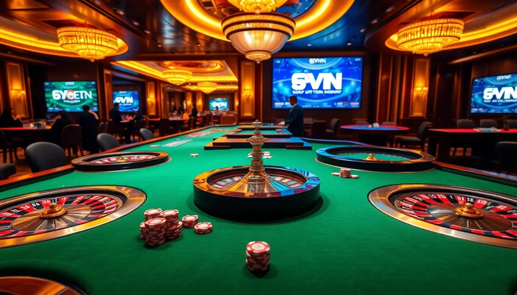 Experience the excitement of 69VN with vibrant gaming tables and elegant poker chips in a luxurious online casino setting.