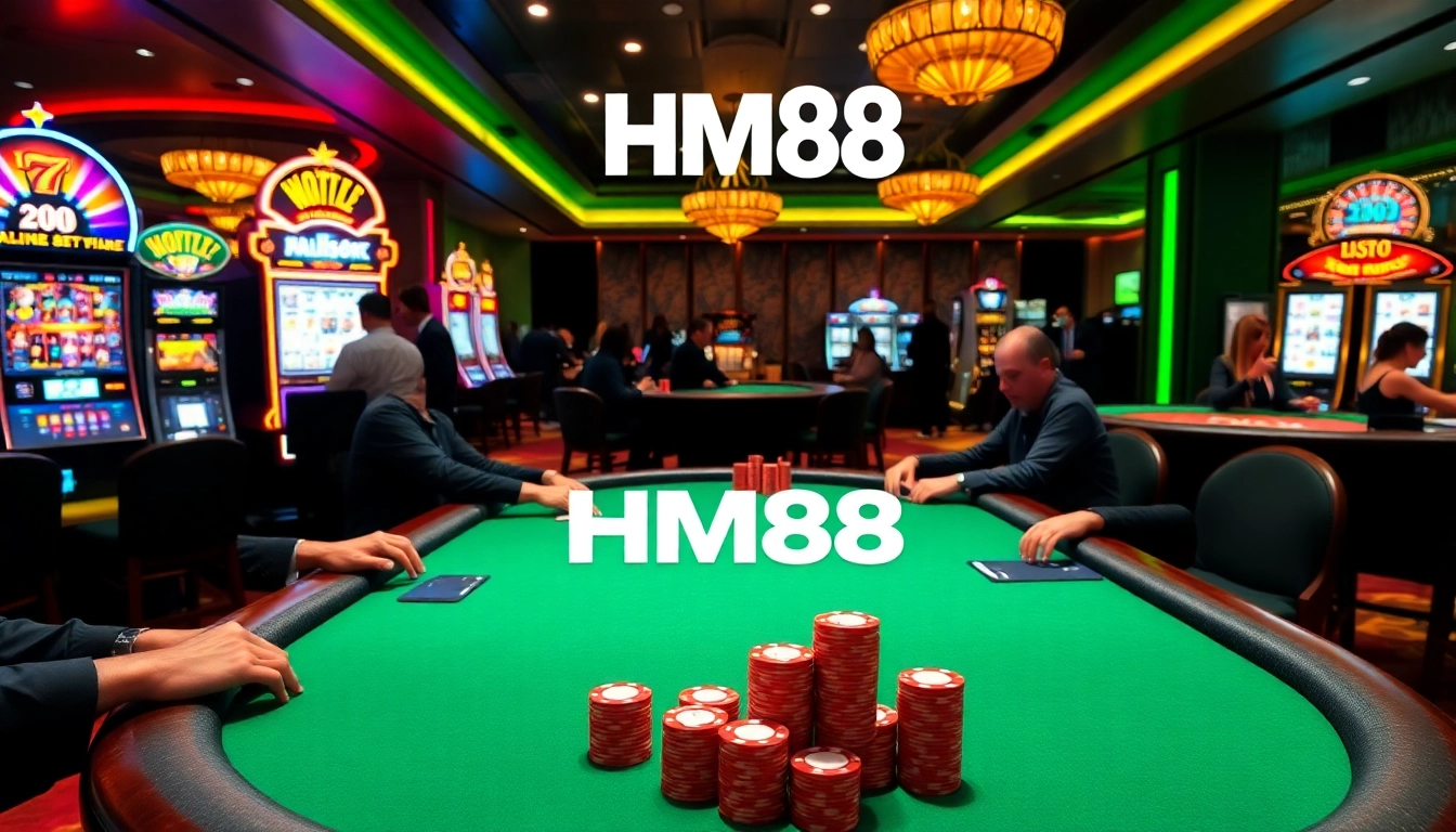 Engaged players enjoy poker at HM88's vibrant casino, showcasing excitement and luxury.