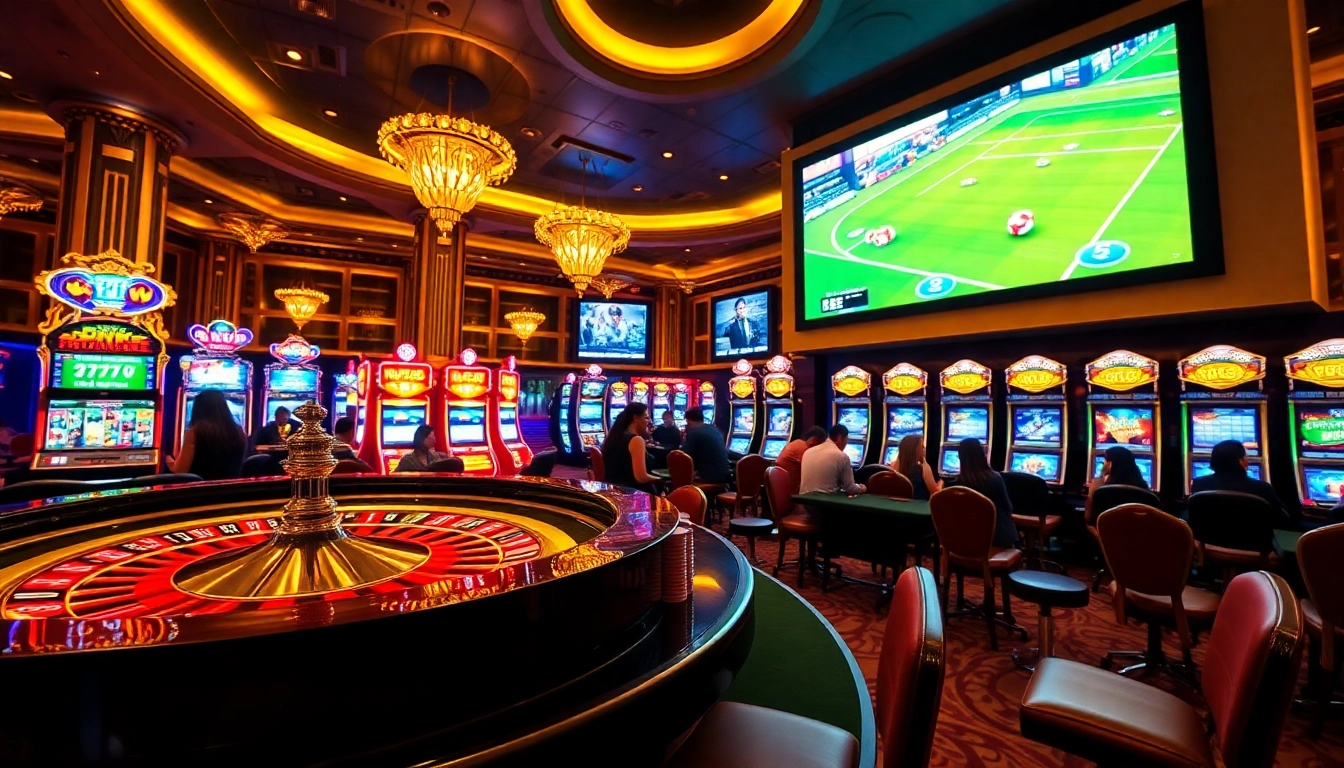 Exciting gaming scene showcasing 777VIP casino tables and vibrant slot machines.