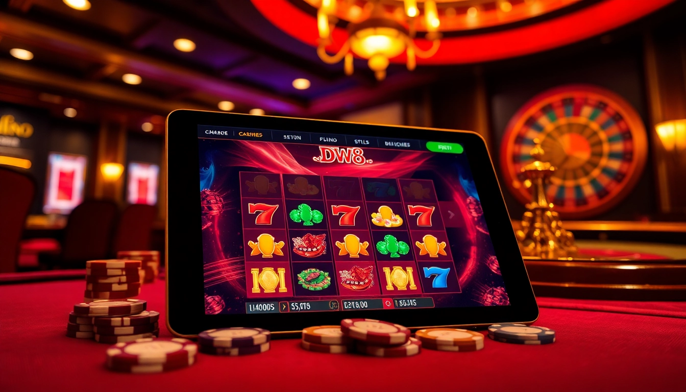 DW8 casino players enjoying a vibrant slot game on a sleek tablet screen in a luxurious setting.
