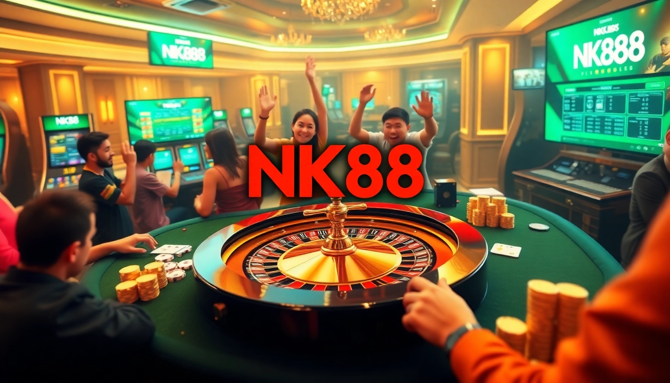 Players enjoying an engaging game at NK88 online casino, featuring vibrant colors and luxury.