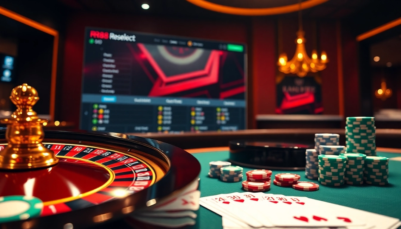 Experience thrilling gaming action at https://rr88.select/ with vibrant poker chips and a roulette wheel.