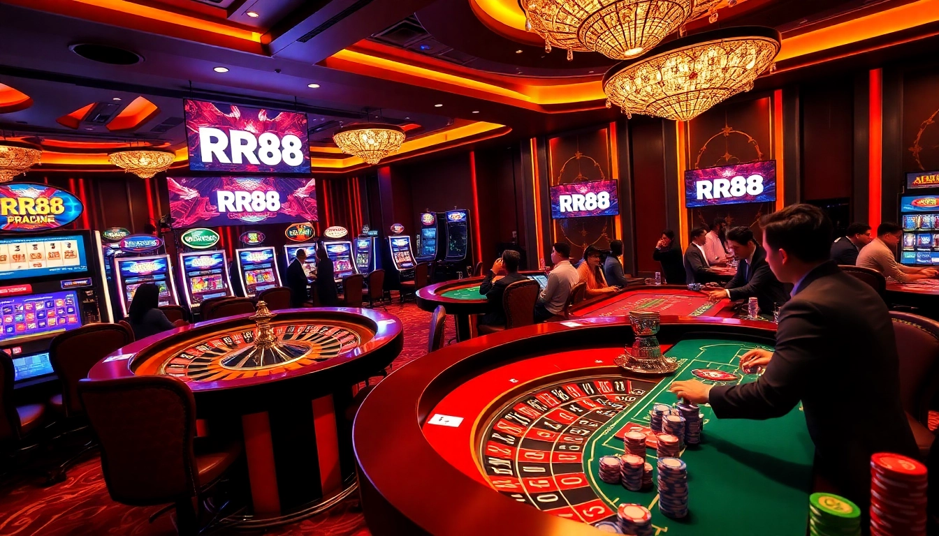 RR88 players enjoying an exciting casino experience with vibrant slot machines and roulette tables.