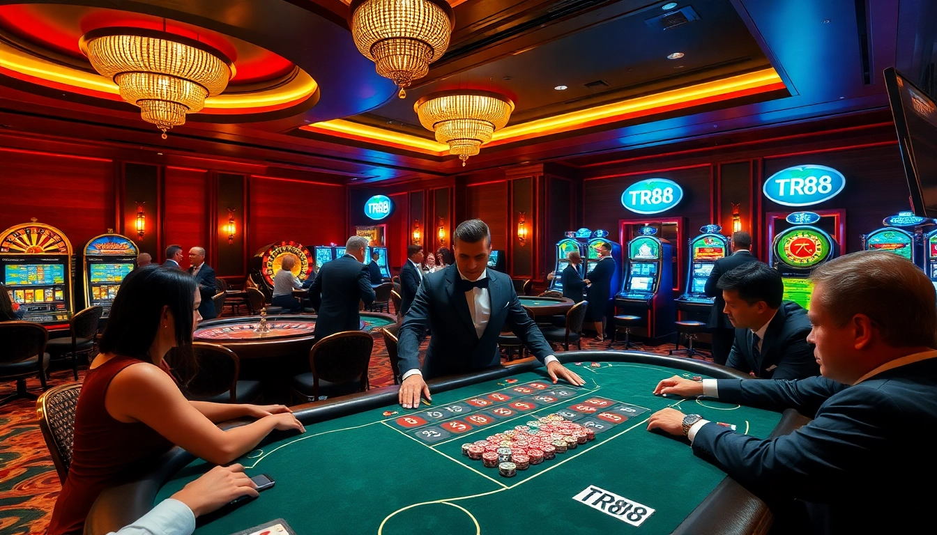 Players enjoying high-stakes poker at TR88, surrounded by vibrant casino lights and tables.