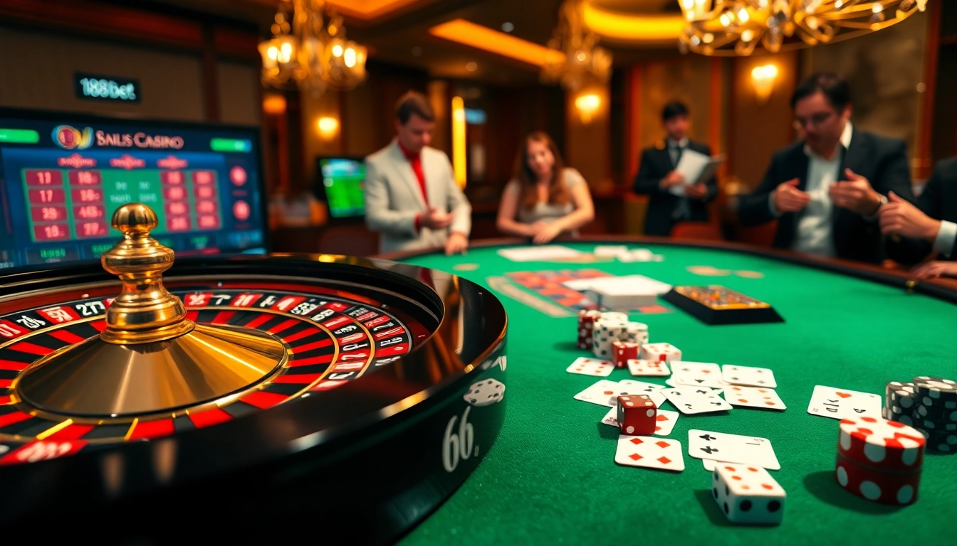Exciting scene of players engaging in 188 bet casino action at a roulette table.