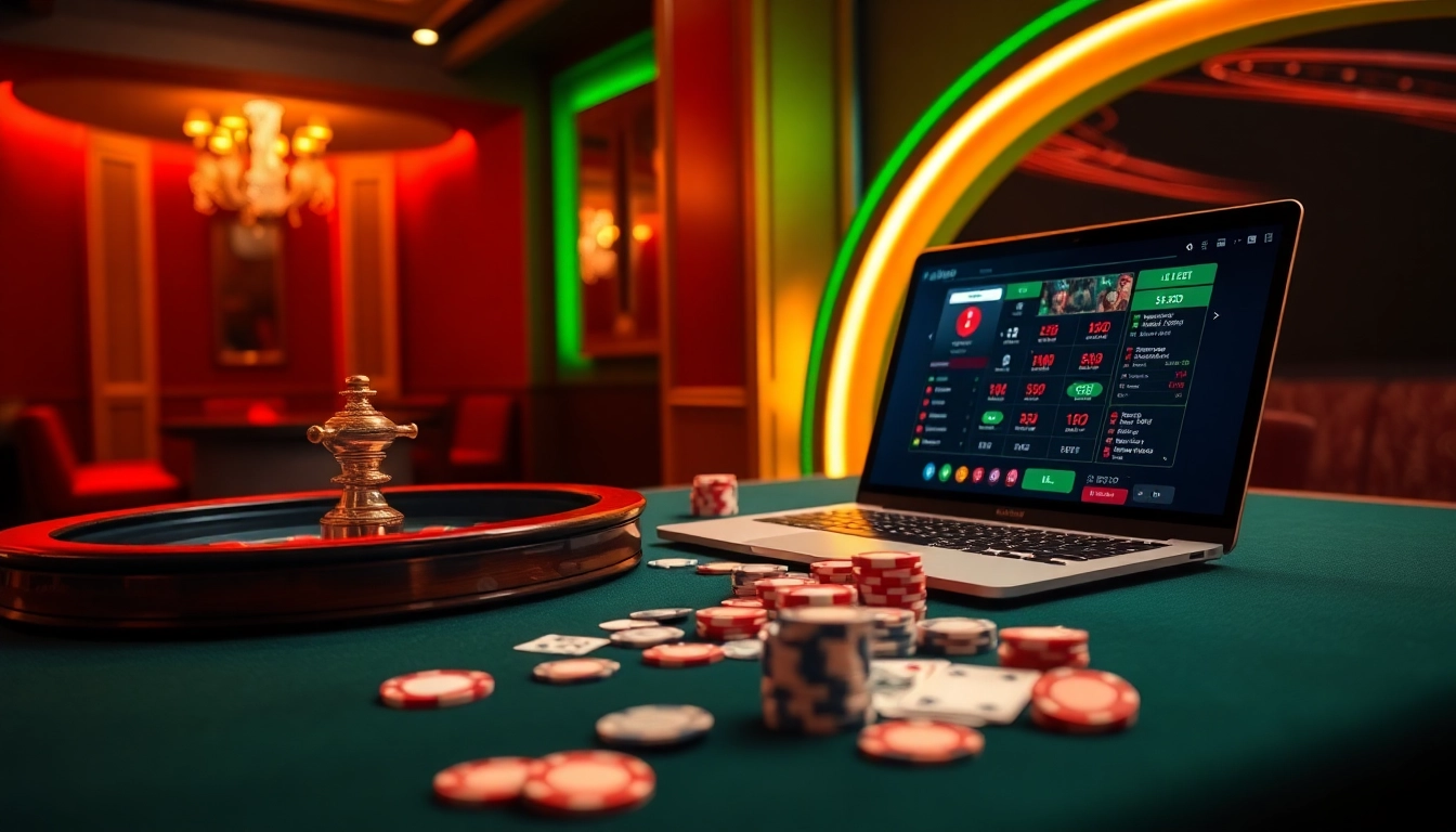 Engage in thrilling gameplay at i9 bet's luxurious online casino with vibrant roulette and poker visuals.