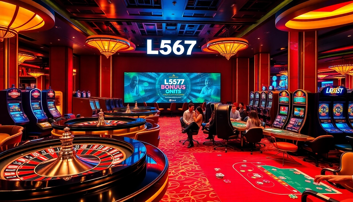 L567 casino gaming excitement with roulette, poker tables, and vibrant slot machines.