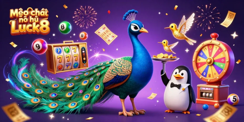 Mẹo chơi nổ hũ Luck8 offers vibrant slot game strategies with colorful characters and dynamic elements.