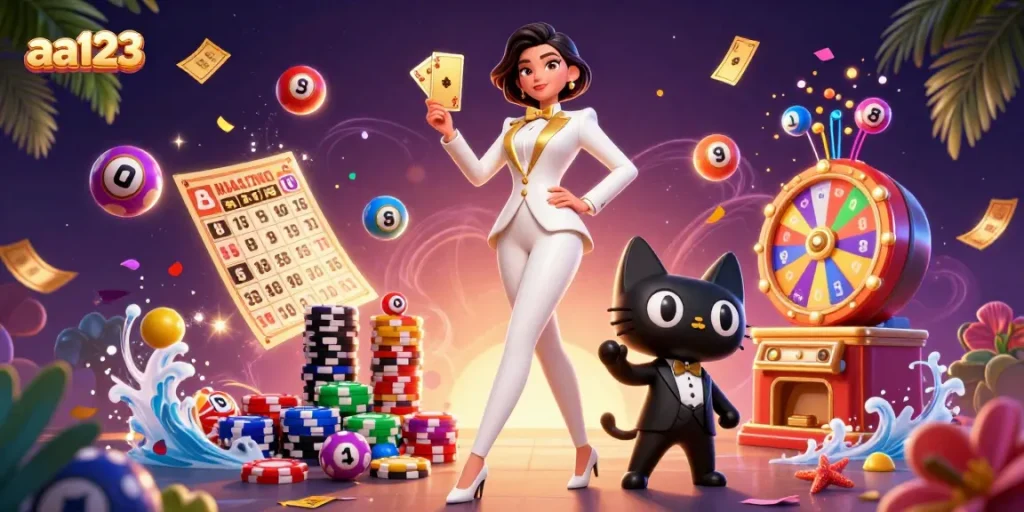 Experimente a emoção do aa123 com elementos de jogos dinâmicos em uma cena de cassino vibrante.