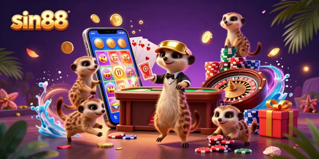 Players win at sin88 casino with meerkats hosting games, featuring colorful slot symbols and dynamic casino elements.