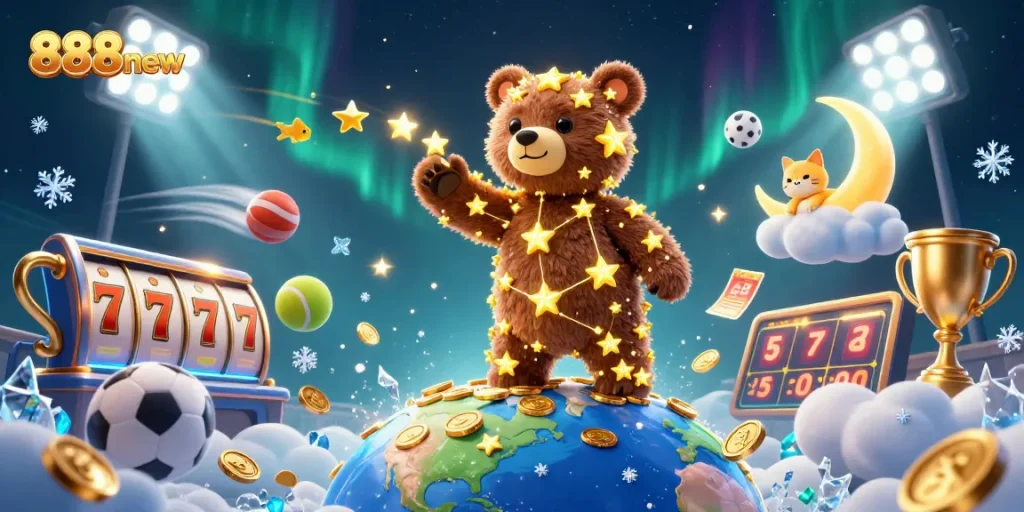 Experience thrilling wins with 888new in this captivating illustration of a constellation bear and dynamic games.