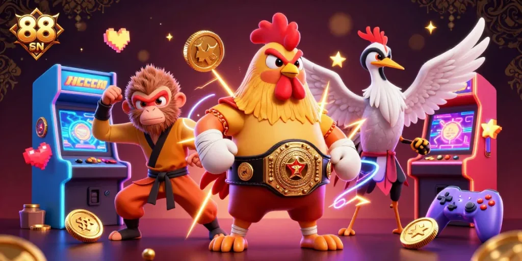 Engage in thrilling gameplay at 88 SN with vibrant casino characters set against an electrifying backdrop.
