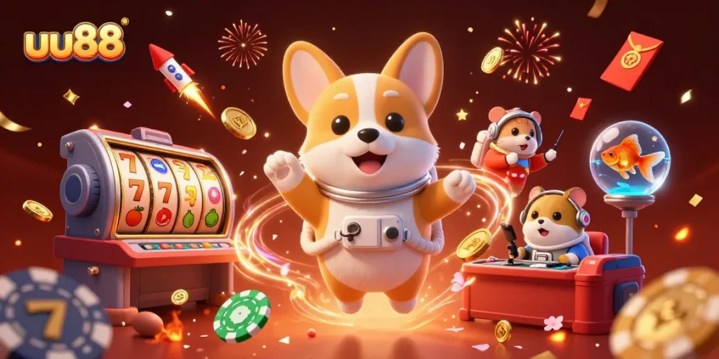 Experience thrilling wins at uu88 as a 3D corgi astronaut navigates a vibrant casino.