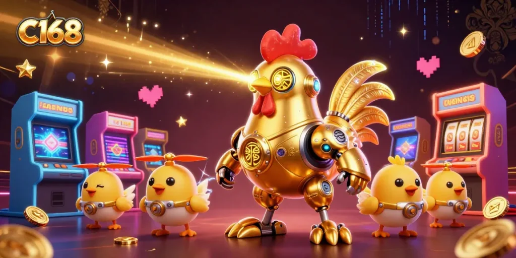 C168's golden rooster robot dominates the casino with energetic gaming visuals and colorful arcade elements.
