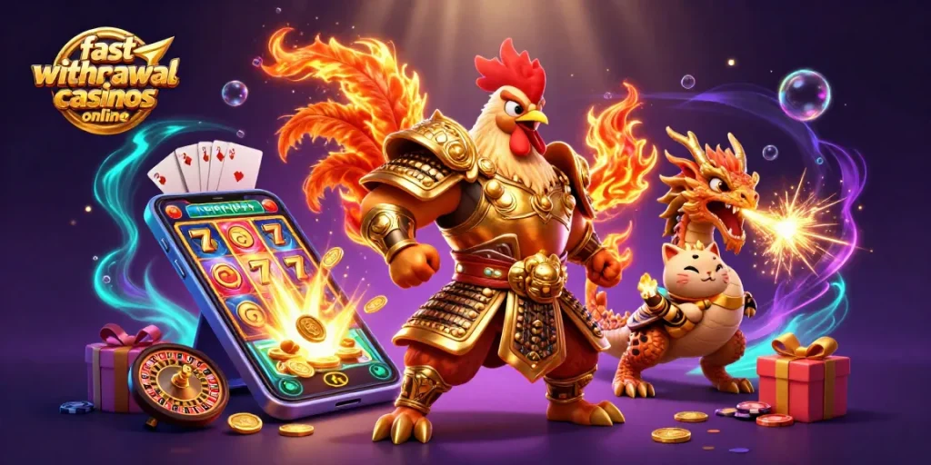 Immerse in the world of fast withdrawal casinos online with an epic 3D cartoon scene of a warrior rooster and dragon.