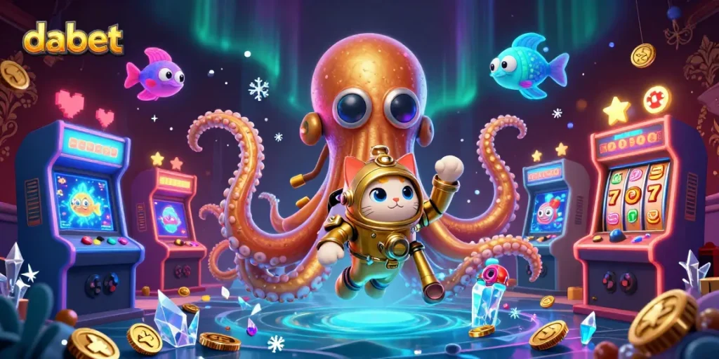 Engage with dabet's vibrant gaming scene featuring a colossal kraken and thrilling casino elements.