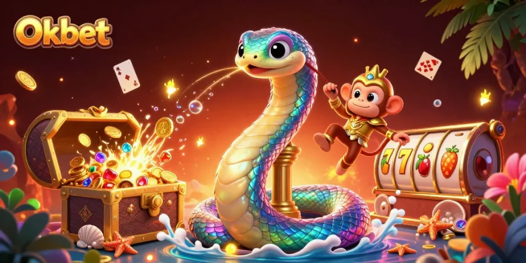 Experience the excitement of Oxbet with vibrant 3D illustration featuring a rainbow serpent and jackpot slot elements.