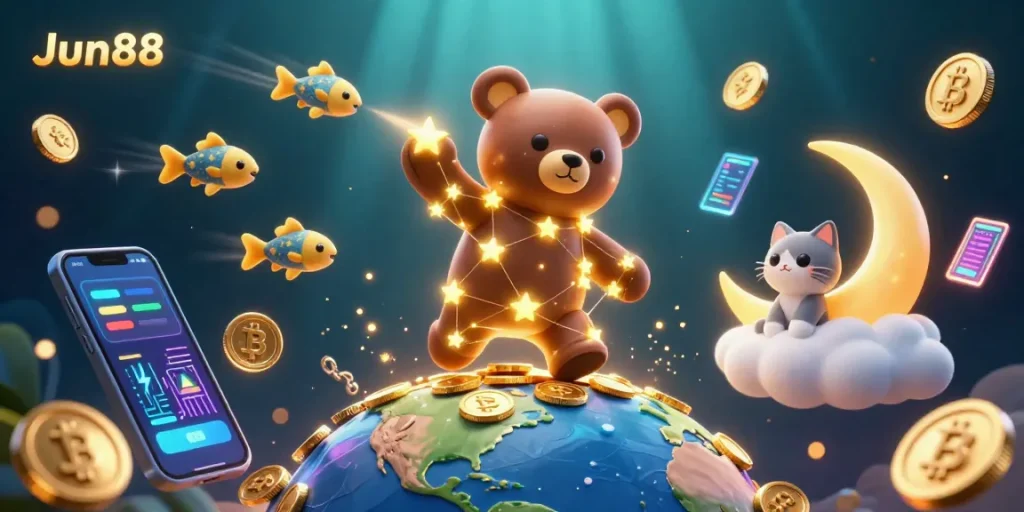 Engage with Jun88's thrilling experiences as the constellation bear scoops up coins, surrounded by dynamic gaming elements.