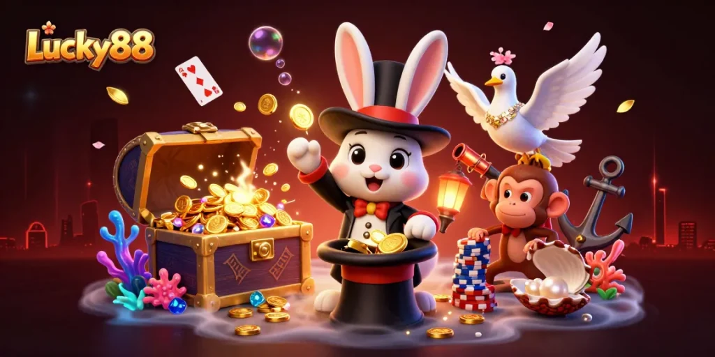 Experience thrilling wins with Lucky88 in a vibrant 3D casino scene filled with magical elements and sparkling action.